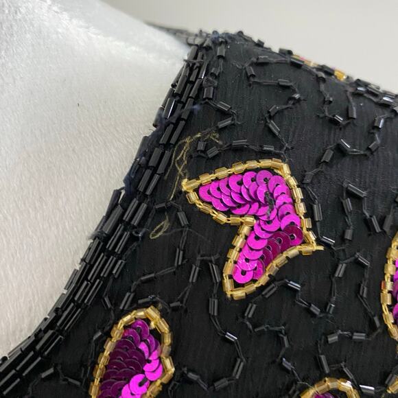 Vintage Sequin Jacket Size Medium Fuchsia Pink Floral Print on Black Silk - Picture 5 of 10